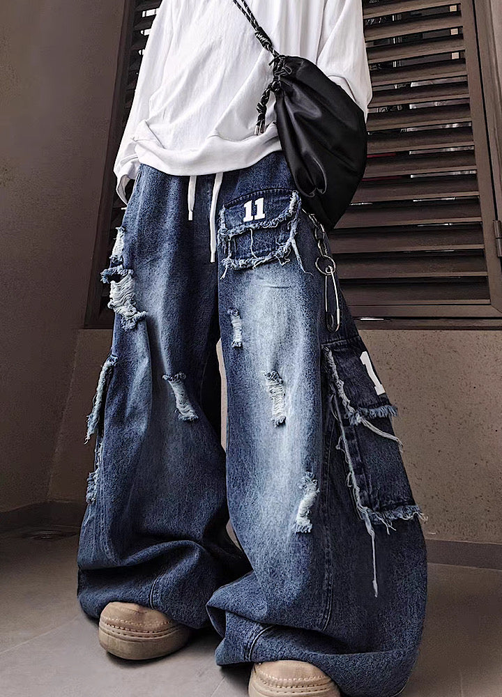 Blue wash full damage design cargo wide denim pants  OR0850