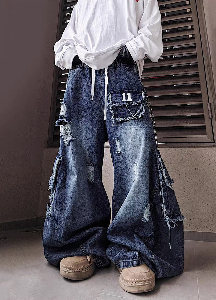 Blue wash full damage design cargo wide denim pants  OR0850