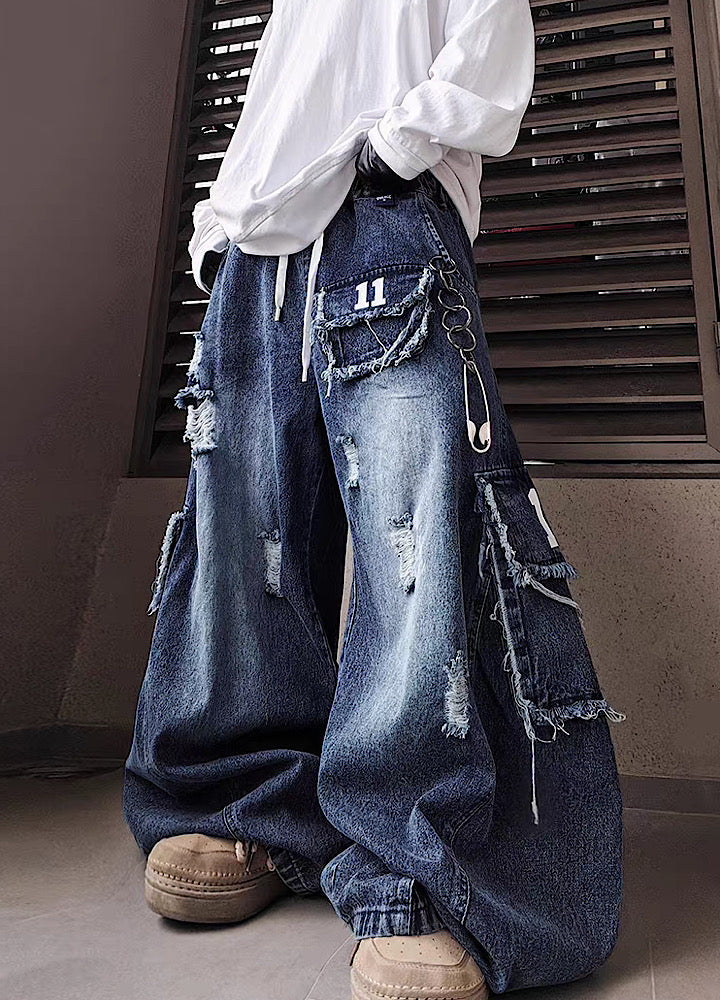 Blue wash full damage design cargo wide denim pants  OR0850