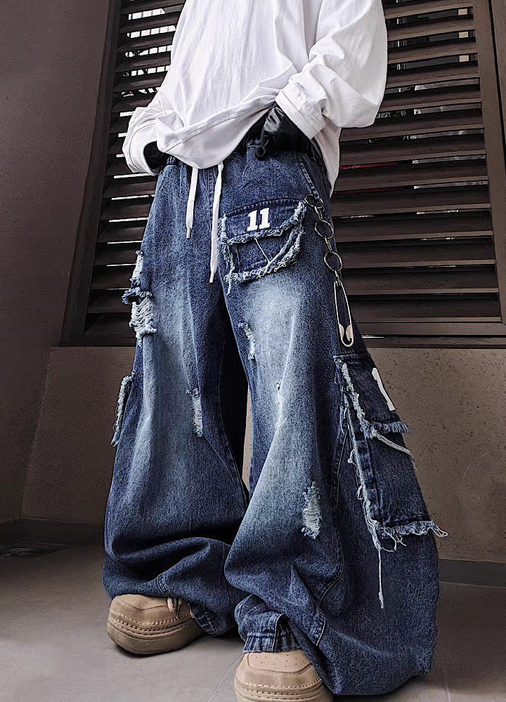 Blue wash full damage design cargo wide denim pants  OR0850