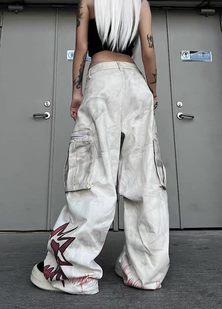 Whitewashed base with red point design wide cargo denim pants  OR0851