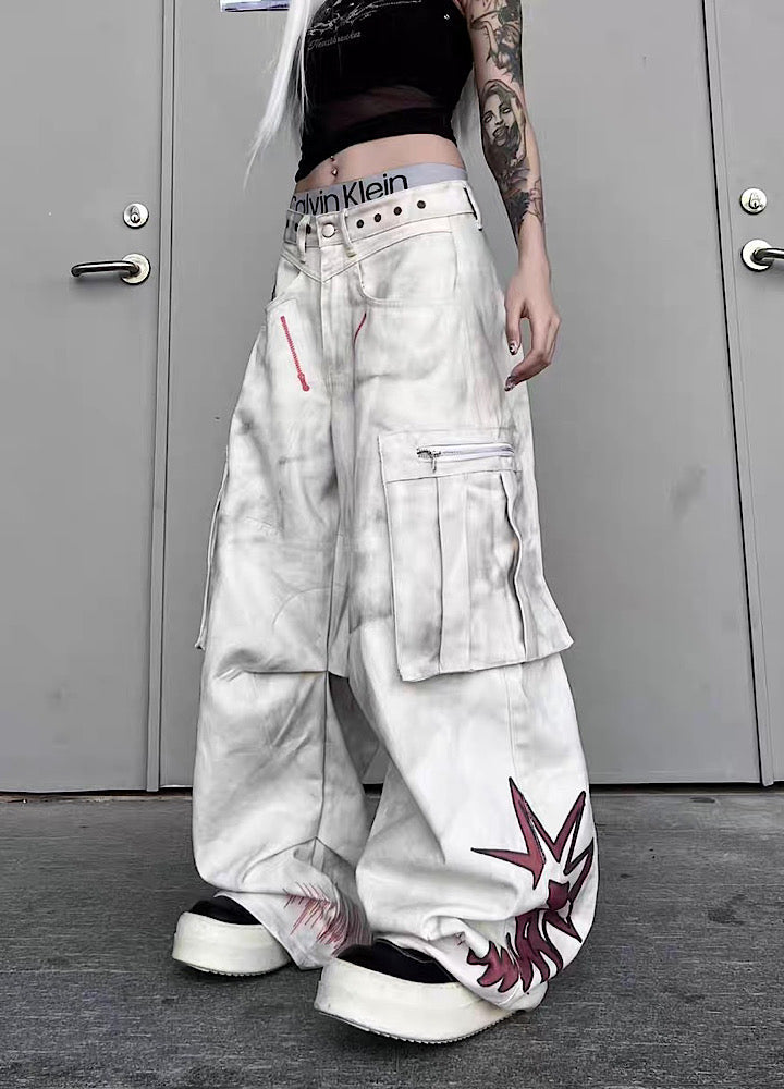 Whitewashed base with red point design wide cargo denim pants  OR0851