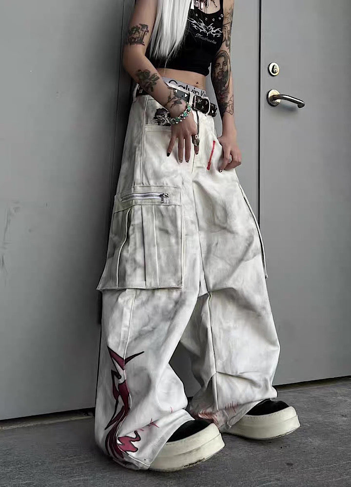 Whitewashed base with red point design wide cargo denim pants  OR0851