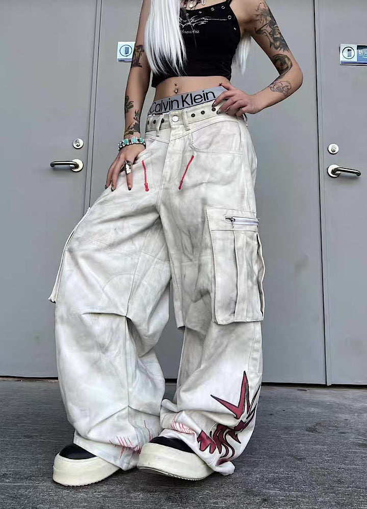 Whitewashed base with red point design wide cargo denim pants  OR0851