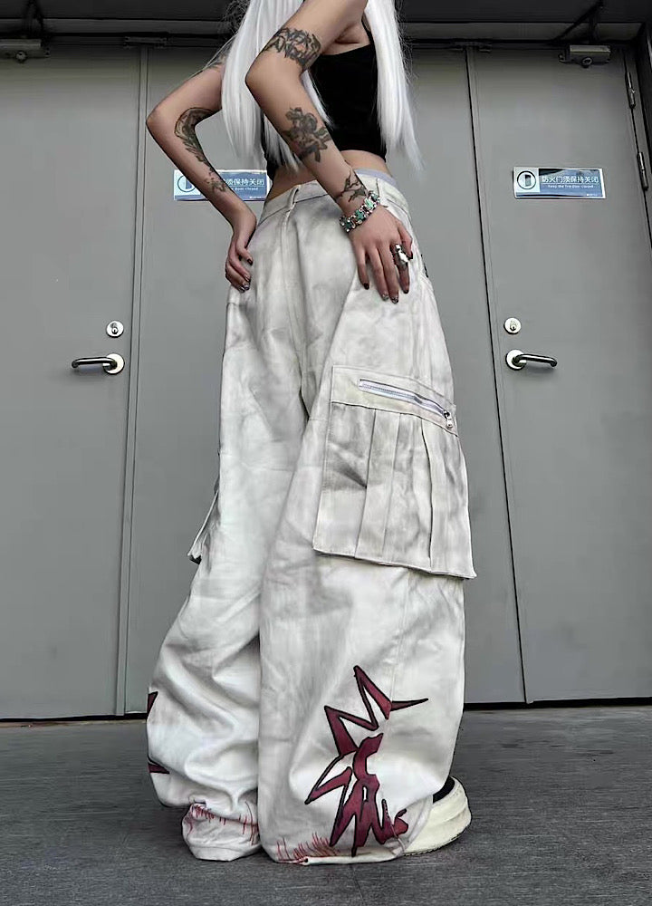 Whitewashed base with red point design wide cargo denim pants  OR0851