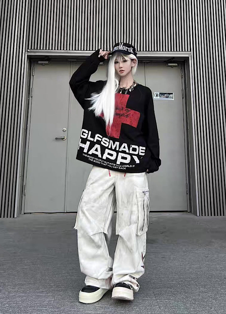 Whitewashed base with red point design wide cargo denim pants  OR0851