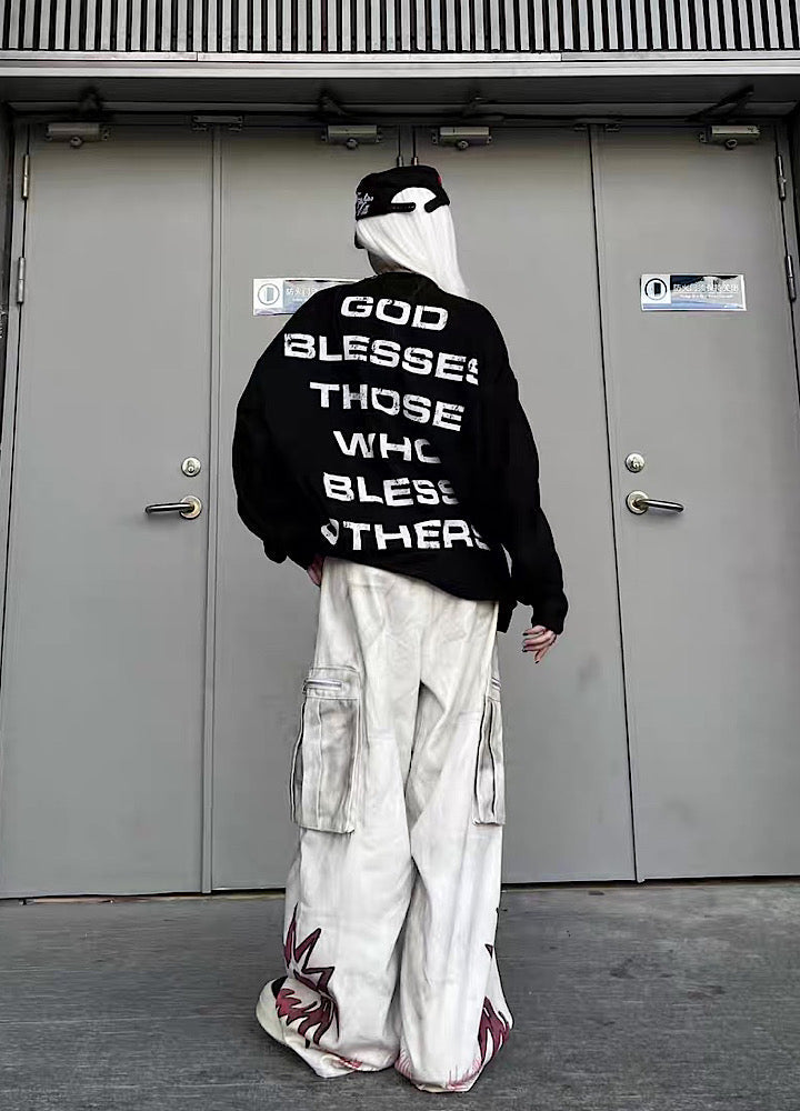 Whitewashed base with red point design wide cargo denim pants  OR0851