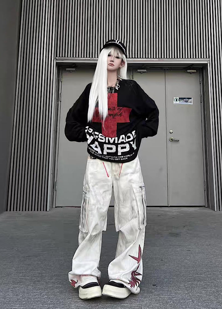 Whitewashed base with red point design wide cargo denim pants  OR0851