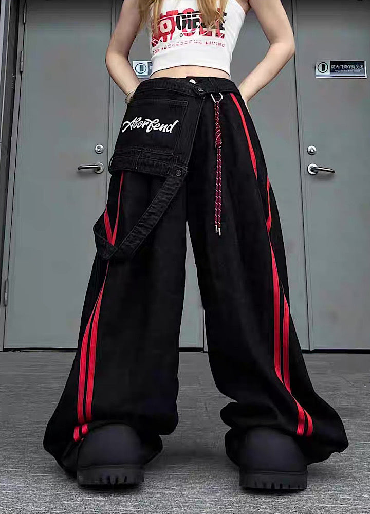 Side red line design down overalls wide denim pants  OR0852