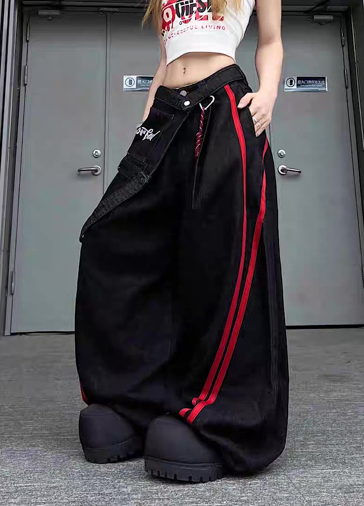 Side red line design down overalls wide denim pants  OR0852