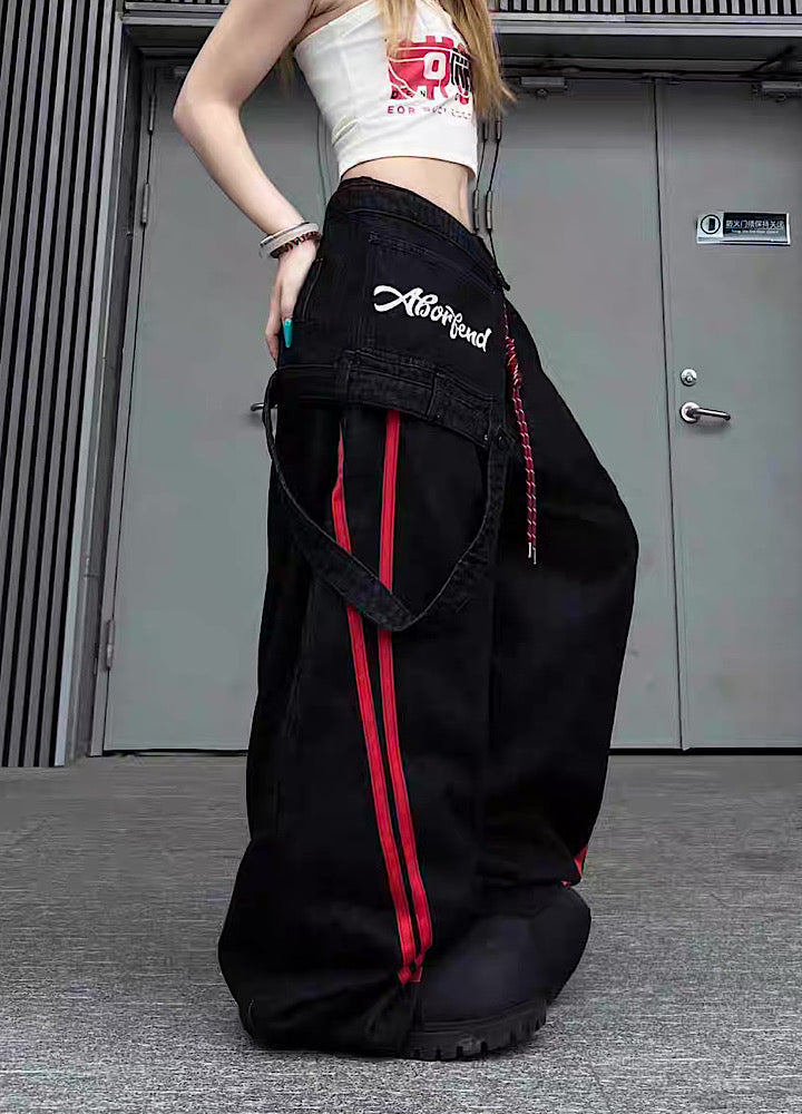 Side red line design down overalls wide denim pants  OR0852