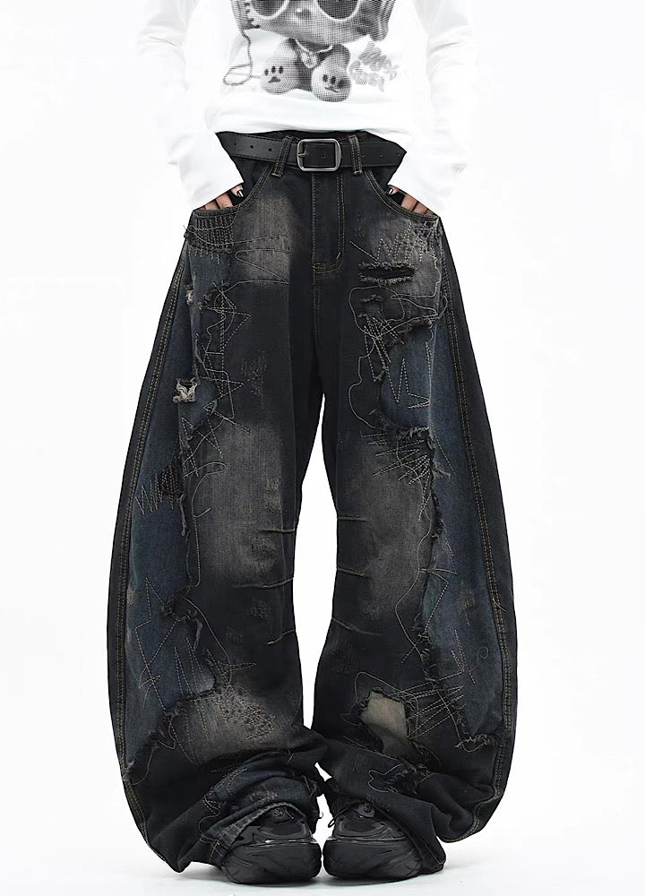 Graffiti-style design distressed wash wide balloon dull denim pants  OR0854