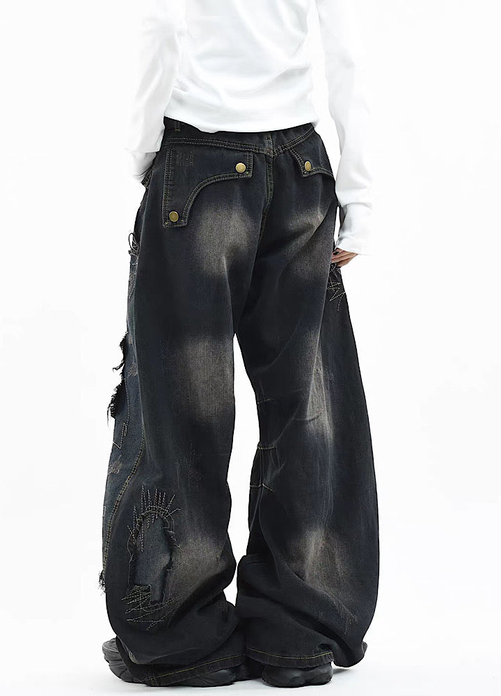 Graffiti-style design distressed wash wide balloon dull denim pants  OR0854