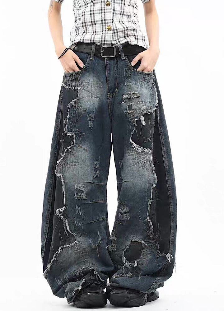 Graffiti-style design distressed wash wide balloon dull denim pants  OR0854