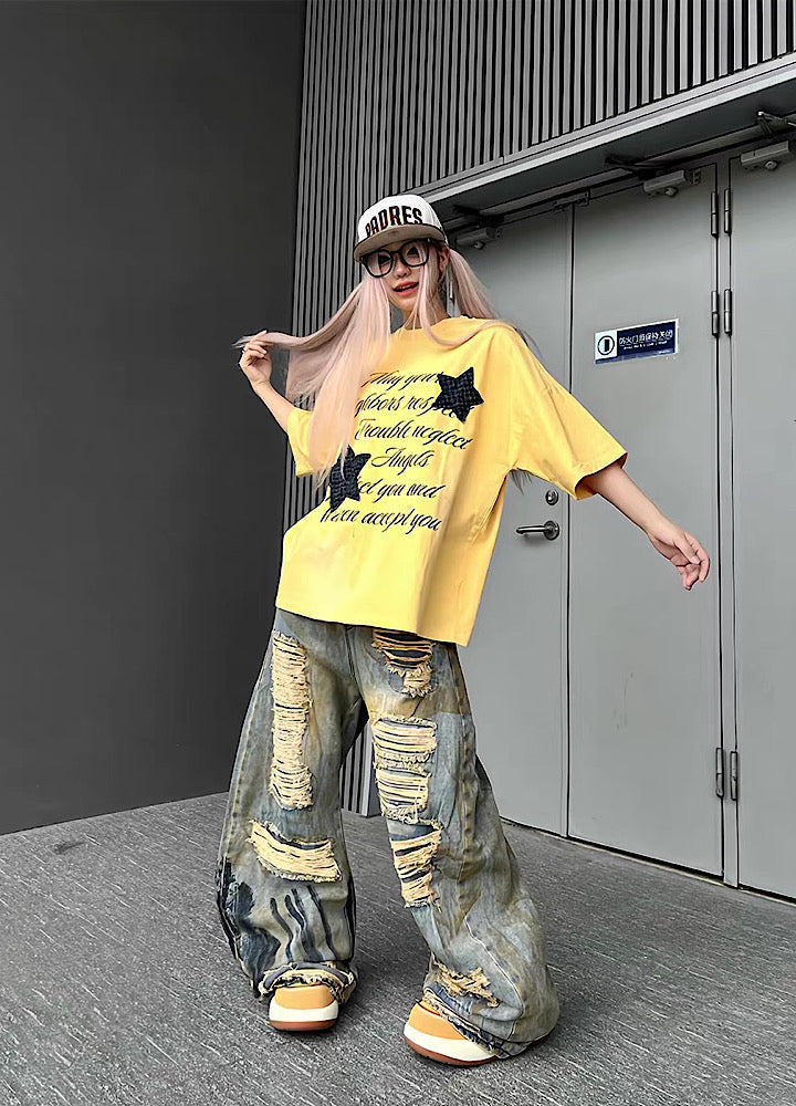 Oversized wide silhouette fully distressed vintage painted denim pants  OR0855