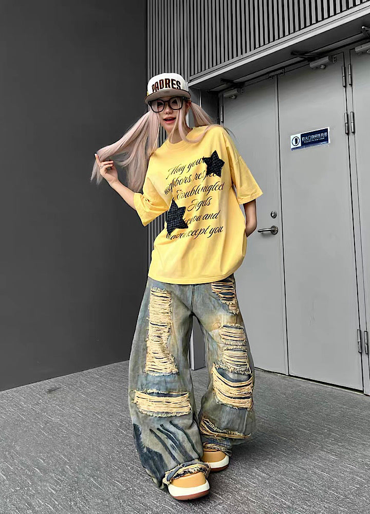 Oversized wide silhouette fully distressed vintage painted denim pants  OR0855