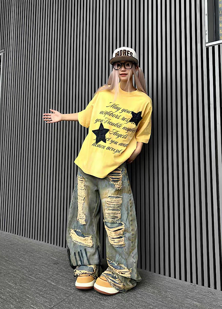 Oversized wide silhouette fully distressed vintage painted denim pants  OR0855