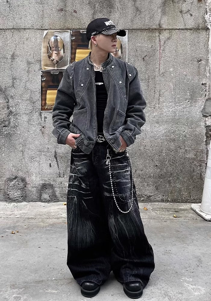 Fully washed design basic black denim pants  OR0856