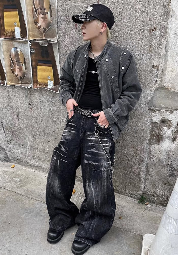 Fully washed design basic black denim pants  OR0856
