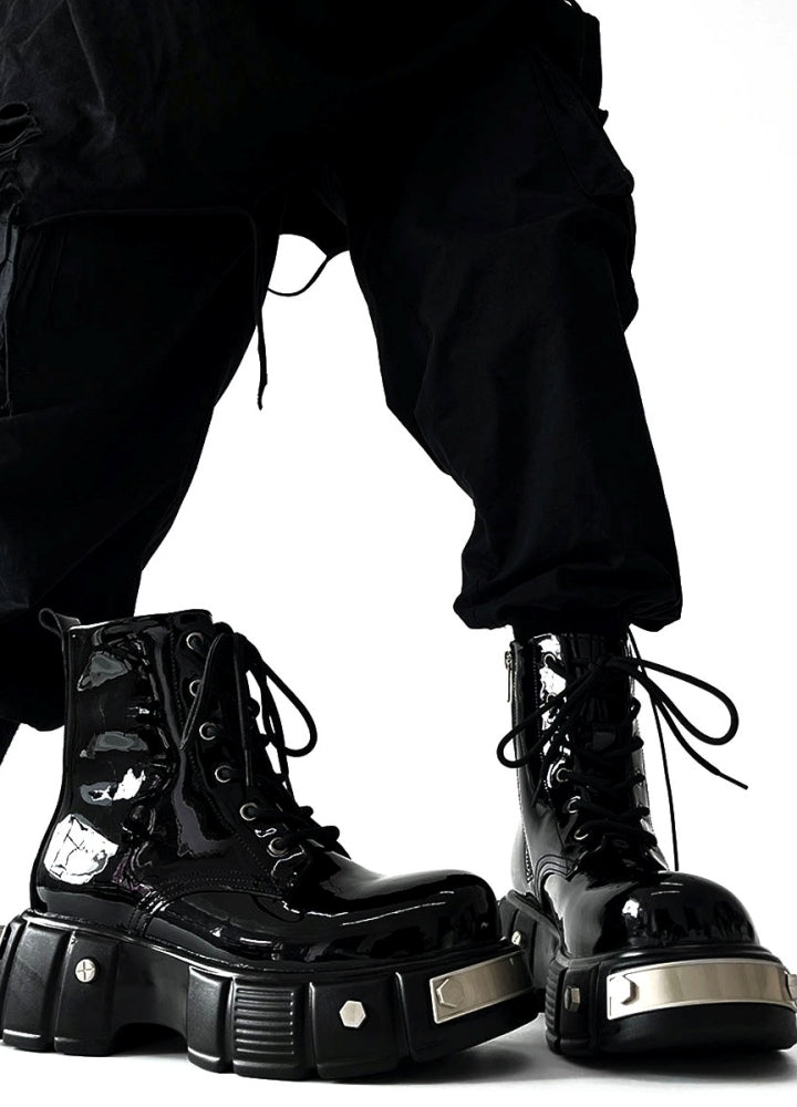 Shiny black synthetic leather high cut silhouette boots  OR0878