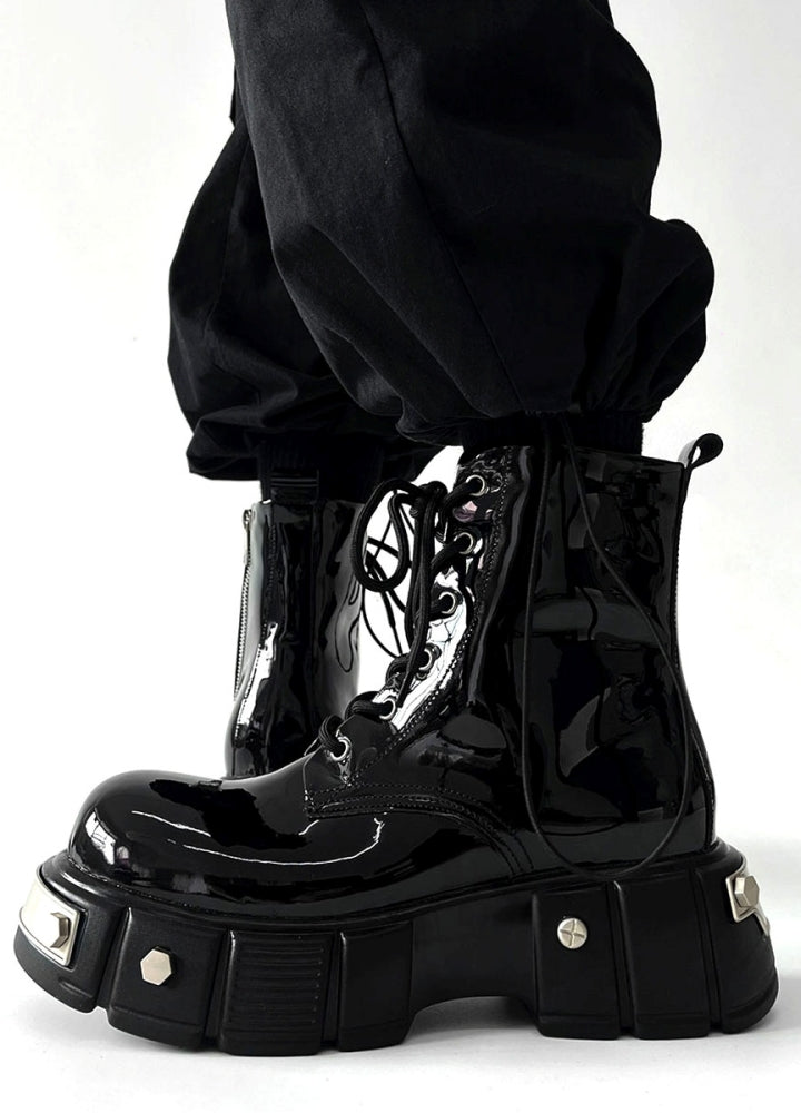 Shiny black synthetic leather high cut silhouette boots  OR0878
