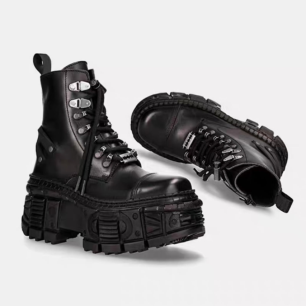 Silver patchwork thick-soled basic black boots  OR0886