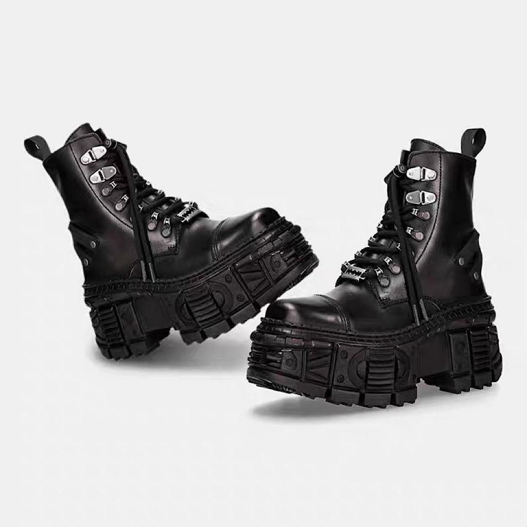 Silver patchwork thick-soled basic black boots  OR0886