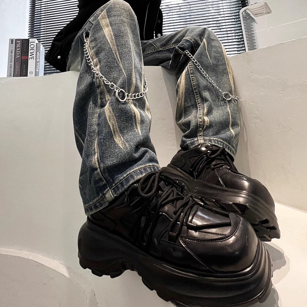 Simple black color thick sole silhouette leather sneakers  OR0888