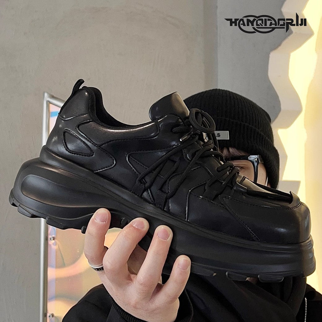 Simple black color thick sole silhouette leather sneakers  OR0888