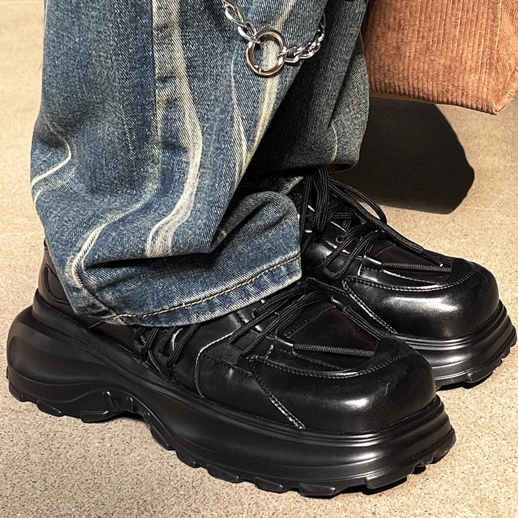 Simple black color thick sole silhouette leather sneakers  OR0888