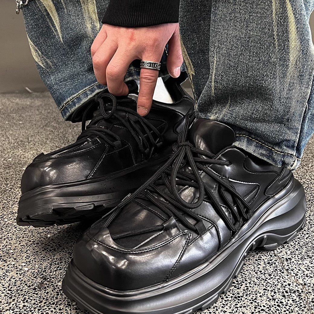 Simple black color thick sole silhouette leather sneakers  OR0888