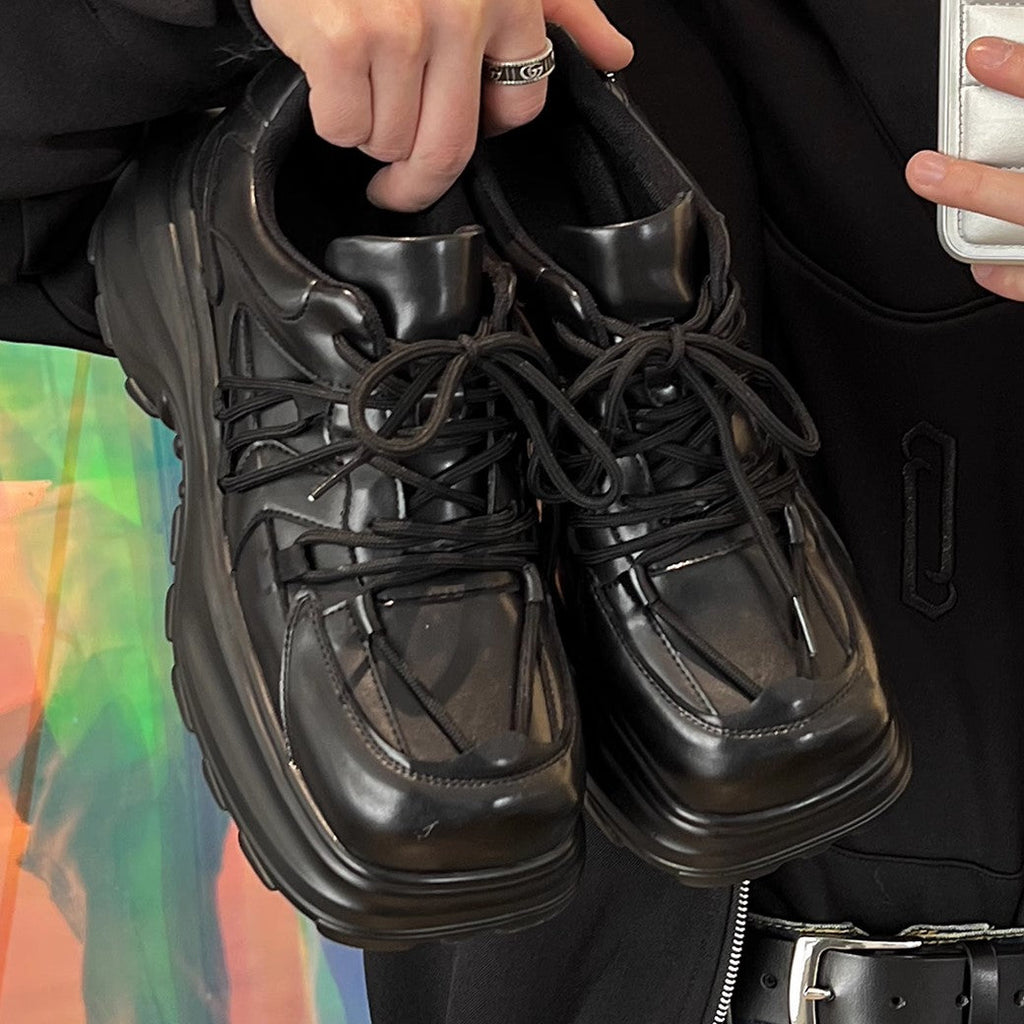 Simple black color thick sole silhouette leather sneakers  OR0888