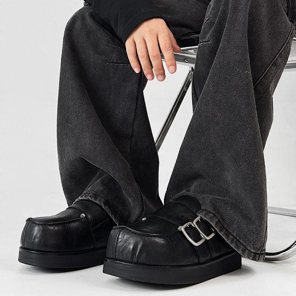 Double belt design slip-on style black shoes  OR0891
