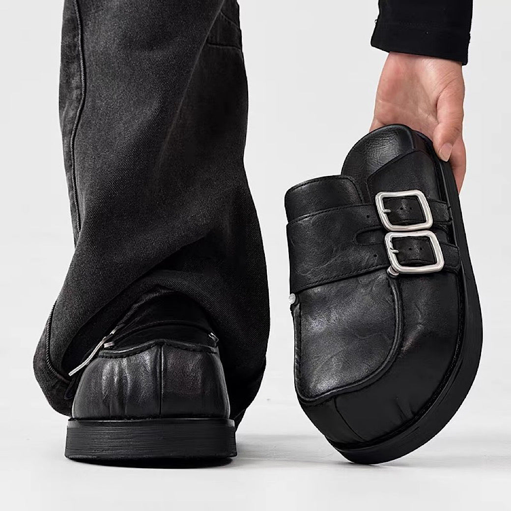 Double belt design slip-on style black shoes  OR0891