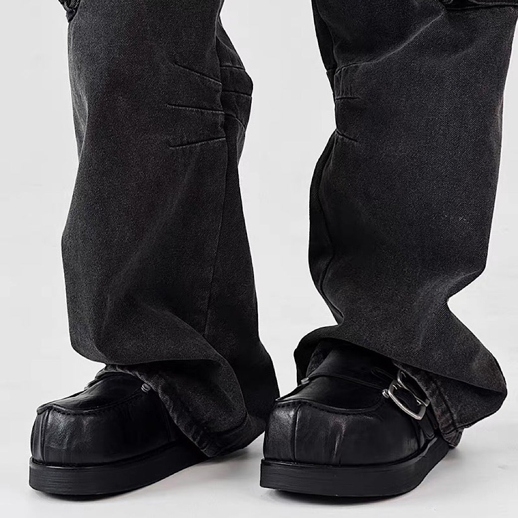 Double belt design slip-on style black shoes  OR0891