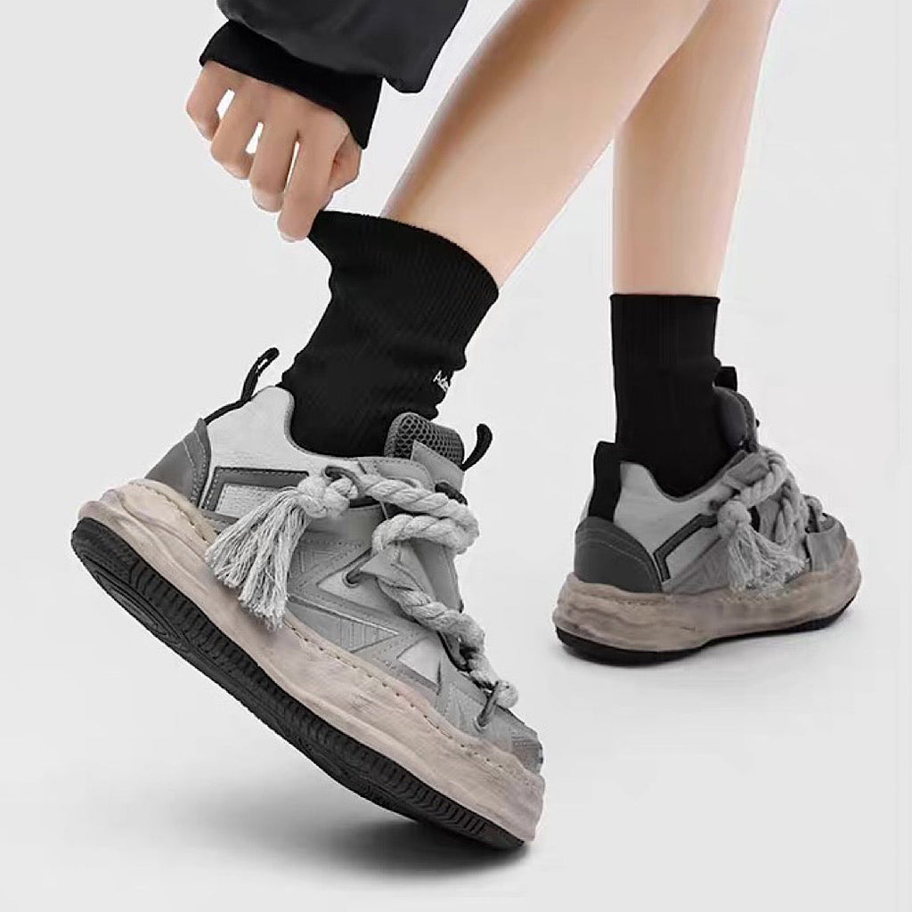 Multi-lace design muted color stained sneakers  OR0909