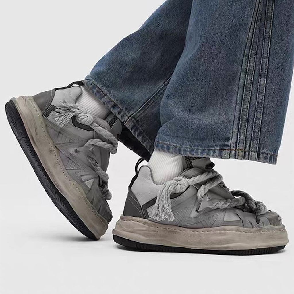 Multi-lace design muted color stained sneakers  OR0909