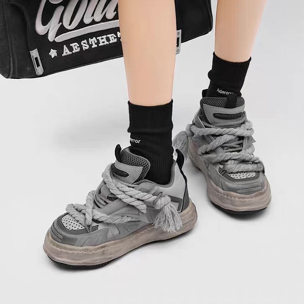 Multi-lace design muted color stained sneakers  OR0909