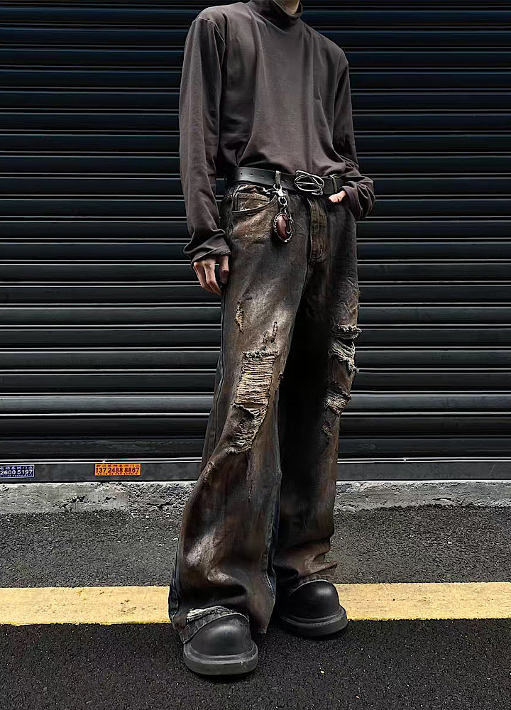 Dust dull break damage wide straight denim pants  OR0935