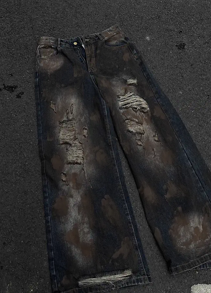 Dust dull break damage wide straight denim pants  OR0935