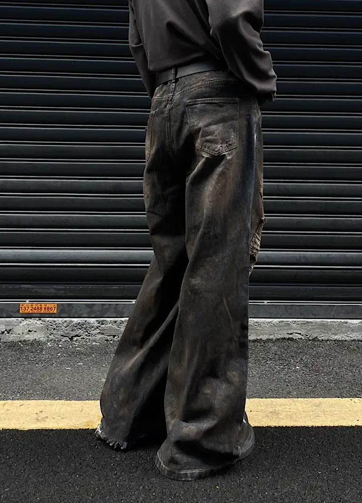 Dust dull break damage wide straight denim pants  OR0935