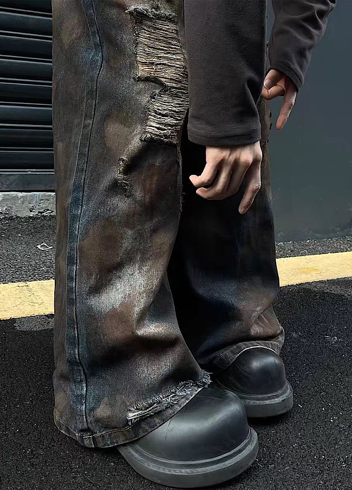 Dust dull break damage wide straight denim pants  OR0935