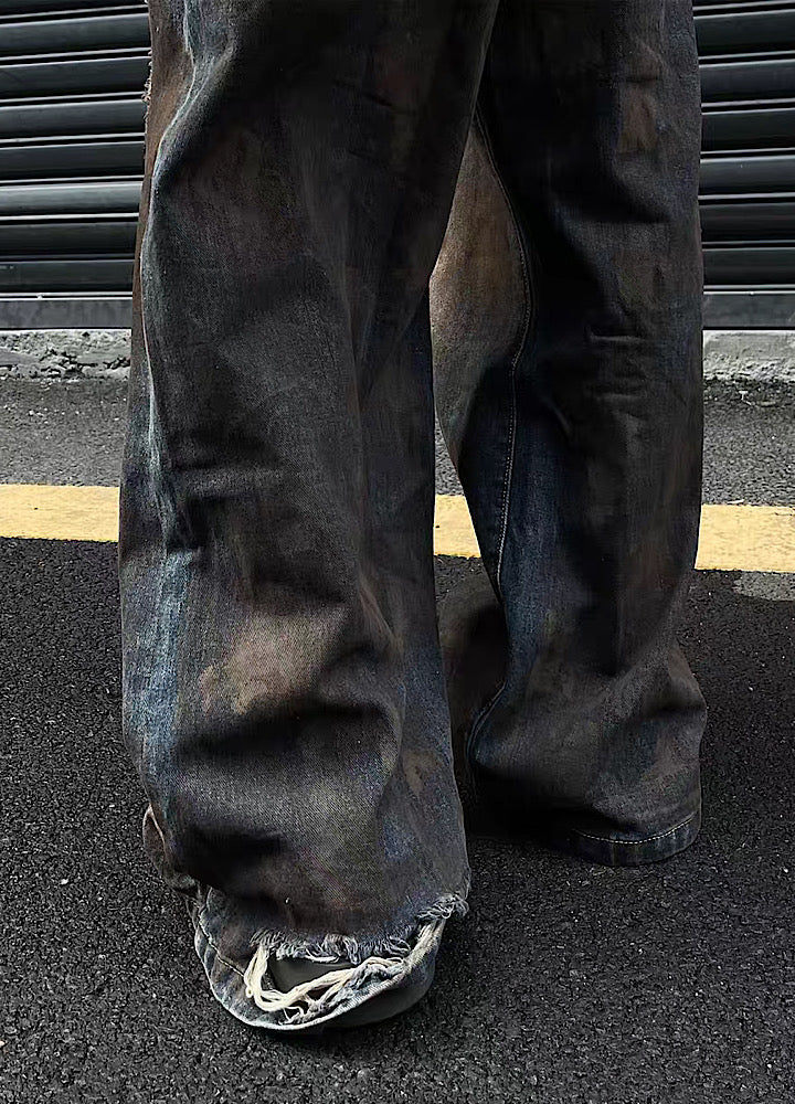 Dust dull break damage wide straight denim pants  OR0935