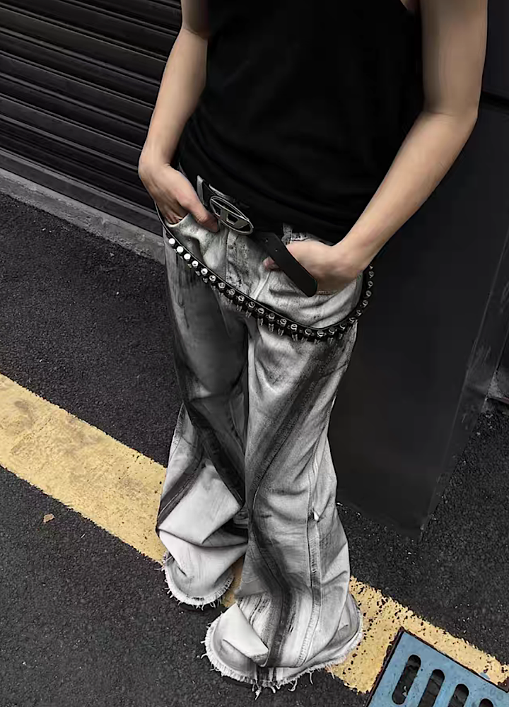 Slash type washed design flare denim pants  OR0938