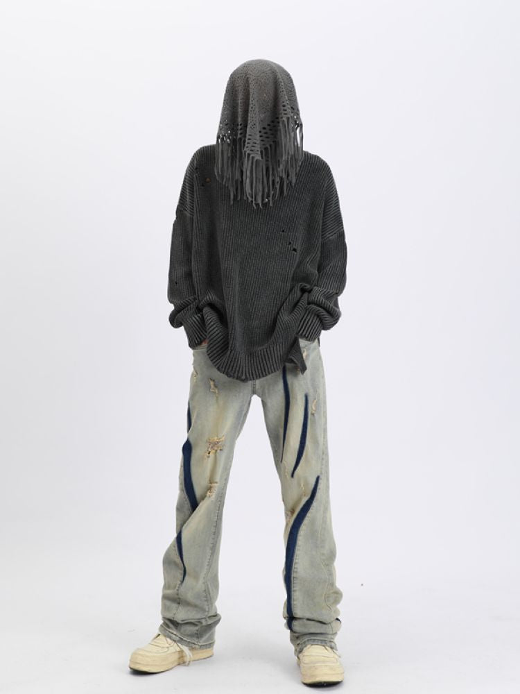 Contrast color distressed design jeans  OR0941