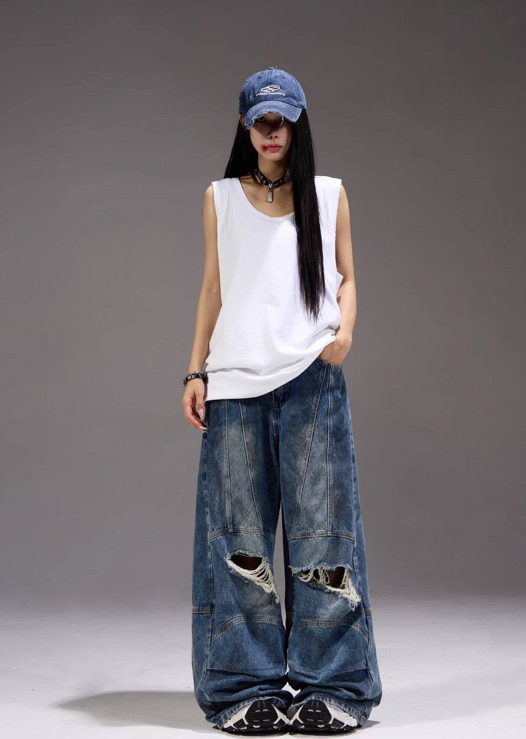 Dull knee damage processing mid-light wide straight denim pants  OR0942