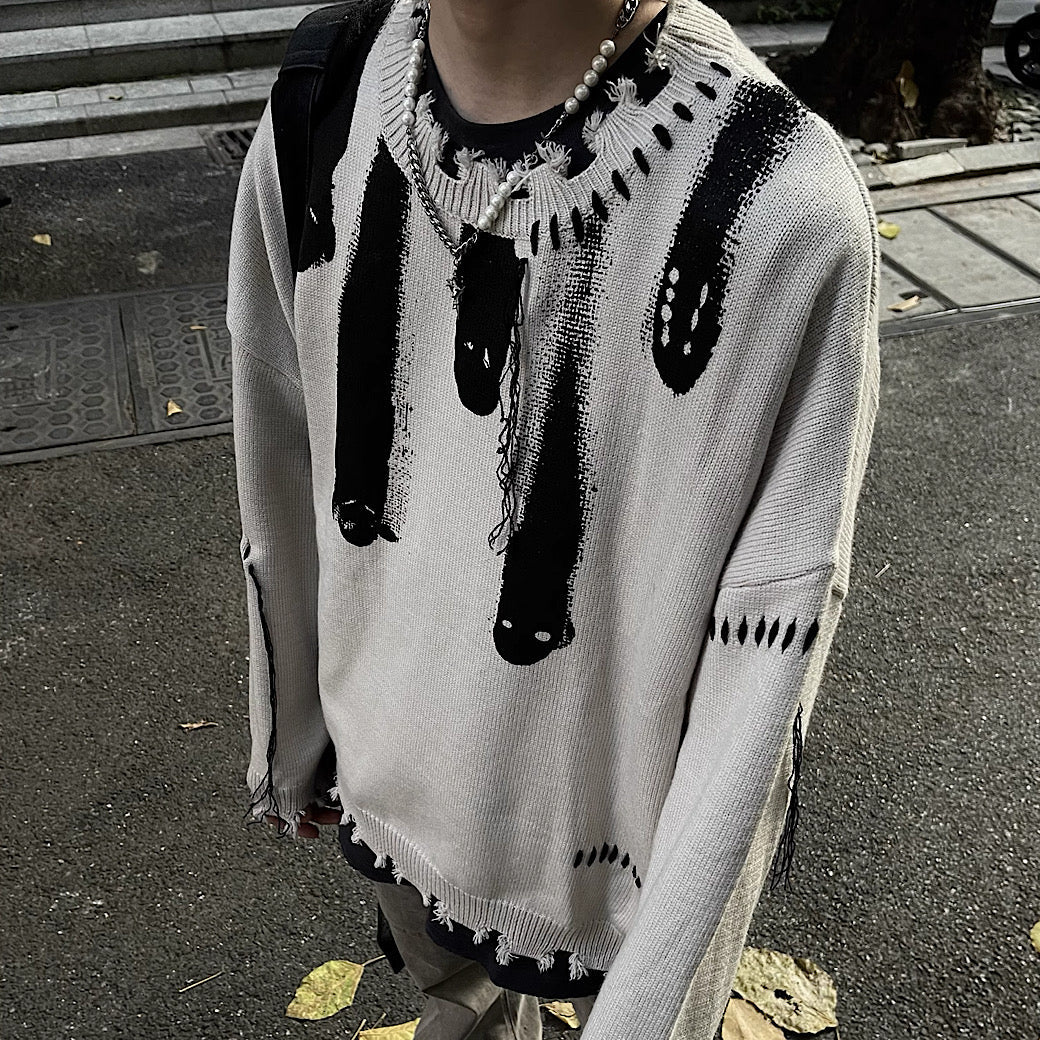 Dirt ghost design mid-damage knit sweater  OR0944