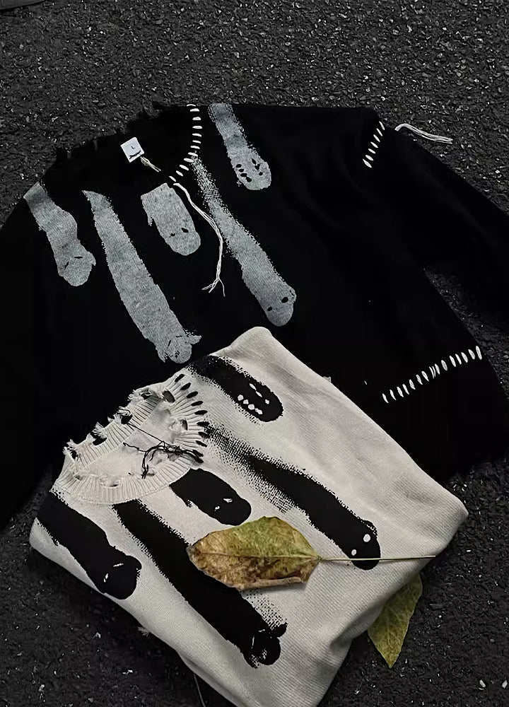 Dirt ghost design mid-damage knit sweater  OR0944