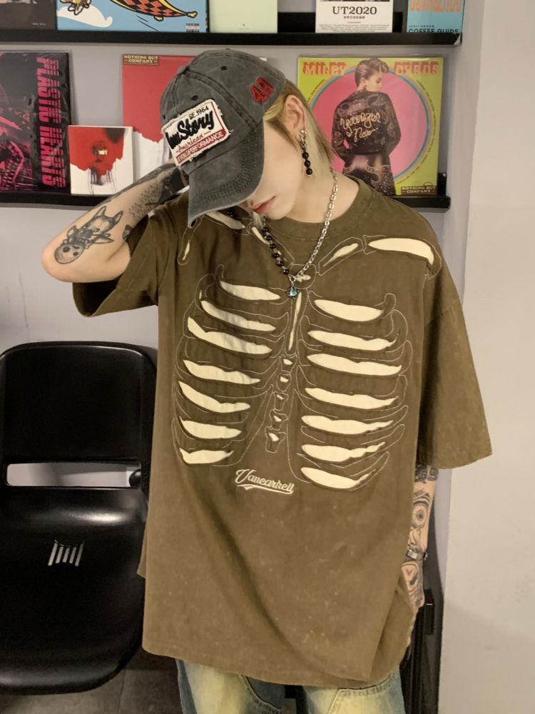 Bone design distressed oversized T-shirt  OR0945