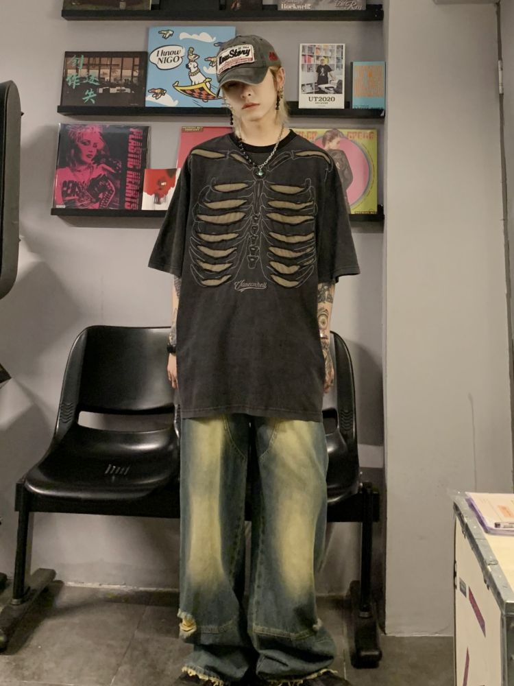 Bone design distressed oversized T-shirt  OR0945